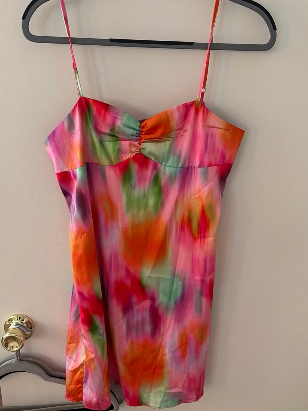 Missguided Pink Orange Green Watercolor Satin Cami Mini Dress